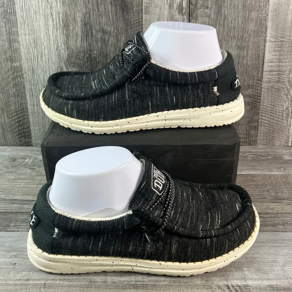 Hey Dude Wally Youth Stretch Black Marled Slip On Loafers Shoes Size 4Y